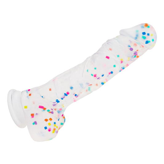 10 Inch Confetti Huge Silicone Dildo with Flared Suction Cup Base for Hands-Free Play, Flexible Dildo with Curved Shaft and Balls for Vaginal G-Spot and Anal Prostate